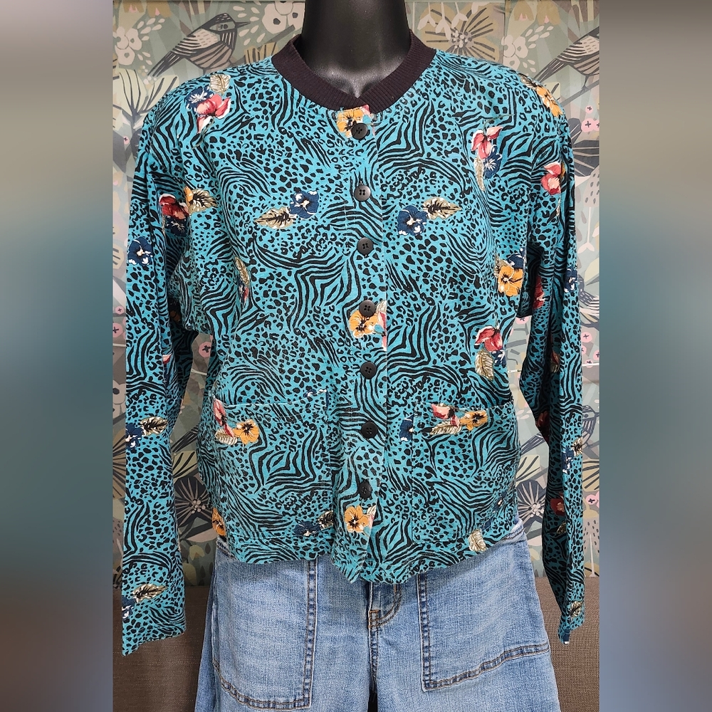 Vintage Carole Little Animal Print Crew Neck 100% Cotton Sweater